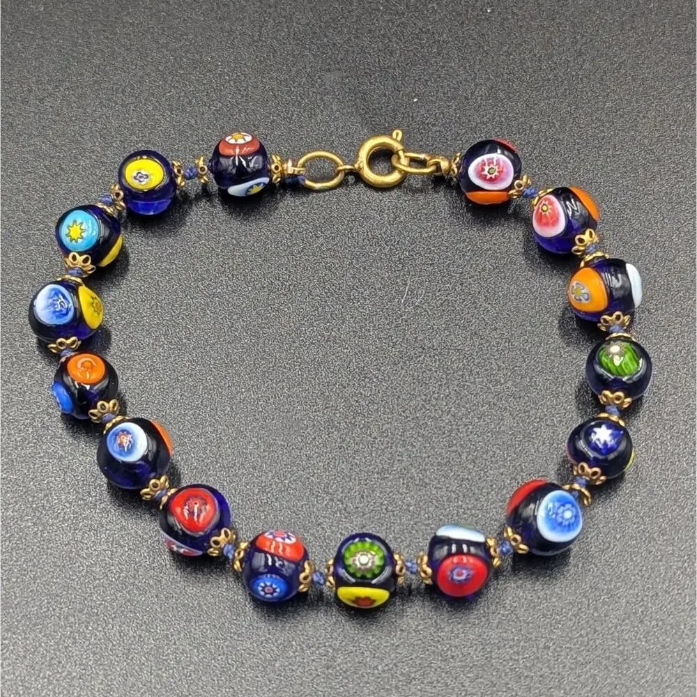 Vintage Millefiori Glass Bead Bracelet – Cobalt Blue w/ Multicolor Floral Canes
